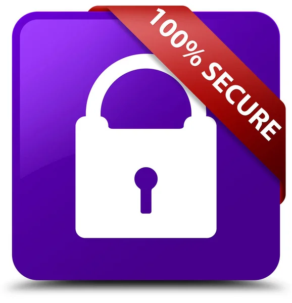 100% sichere lila quadratische Knopf rote Schleife in der Ecke — Stockfoto
