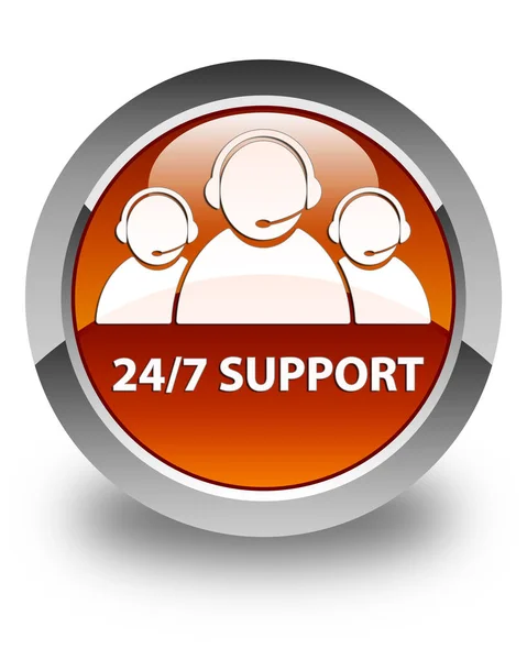 24/7 Support (customer care team icon) glossy brown round button