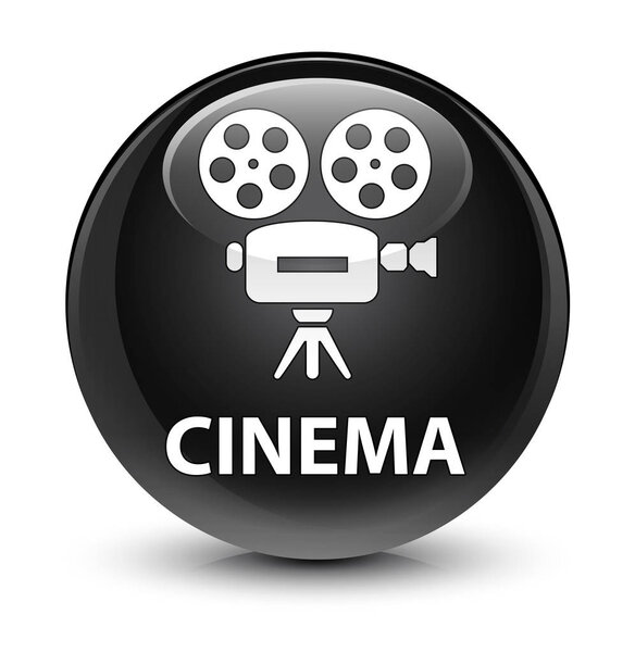 Cinema (video camera icon) isolated on glassy black round button abstract illustration
