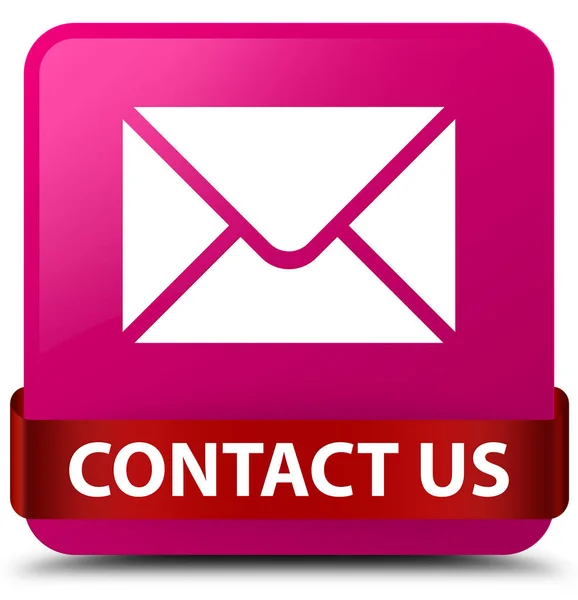 Contact us (email icon) pink square button red ribbon in middle — Stock Photo, Image