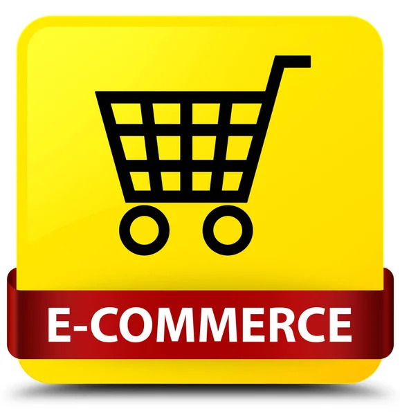 E-commerce κίτρινο τετράγωνο κουμπί κόκκινη κορδέλα στη μέση — Φωτογραφία Αρχείου