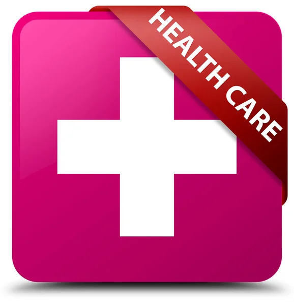 Cuidado de la salud (signo más) rosa botón cuadrado cinta roja en la esquina — Foto de Stock