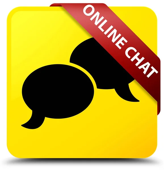 Chat en línea amarillo botón cuadrado rojo cinta en la esquina — Foto de Stock