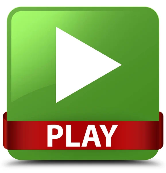 중간에 플레이 부드러운 녹색 사각형 버튼 레드 리본 — 스톡 사진