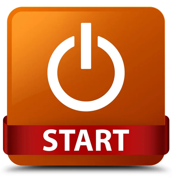 Start (Power-Symbol) brauner quadratischer Knopf rotes Band in der Mitte — Stockfoto