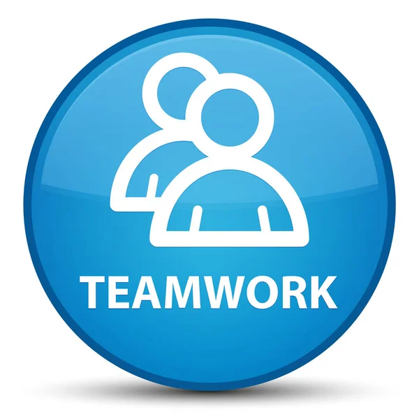 Trabalho em equipe (ícone de grupo) botão redondo azul ciano especial — Fotografia de Stock