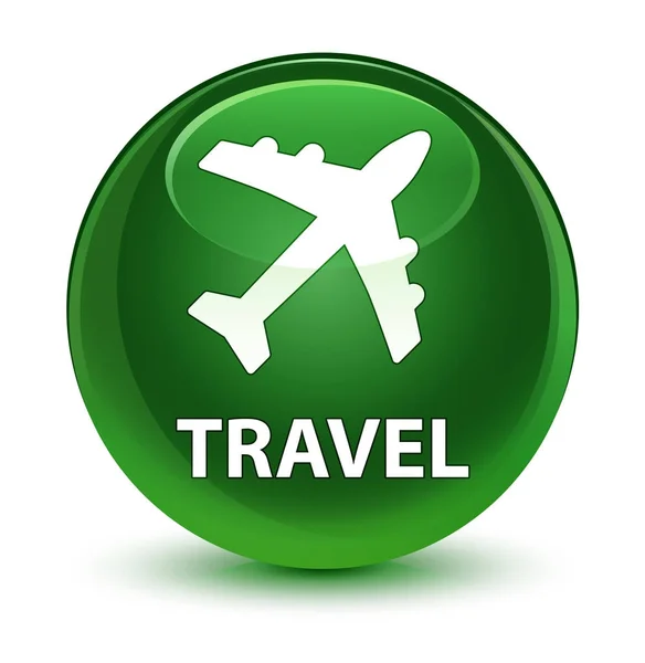 Utazás (repülővel ikon) üveges puha zöld kerek gomb — Stock Fotó