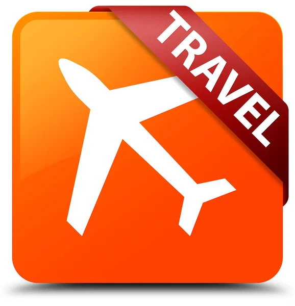 Viaje (icono de avión) botón cuadrado naranja cinta roja en la esquina —  Fotos de Stock