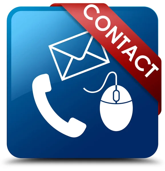 Contact (email du téléphone et icône de la souris) bouton carré bleu nervure rouge — Photo