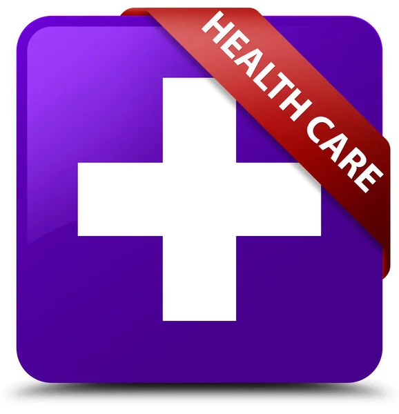 Health care (plus sign) purple square button red ribbon in corne — Stock Photo, Image
