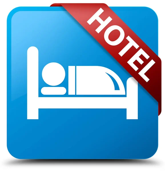 Hotel cyan azul quadrado botão fita vermelha no canto — Fotografia de Stock