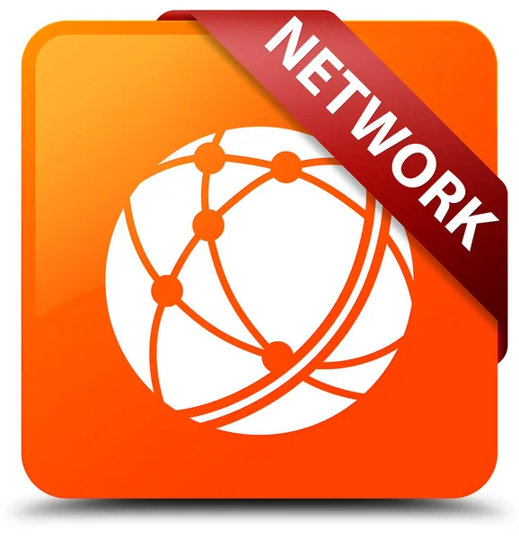ネットワーク (グローバル ネットワーク アイコン) オレンジ色の正方形ボタン赤いリボンで — ストック写真