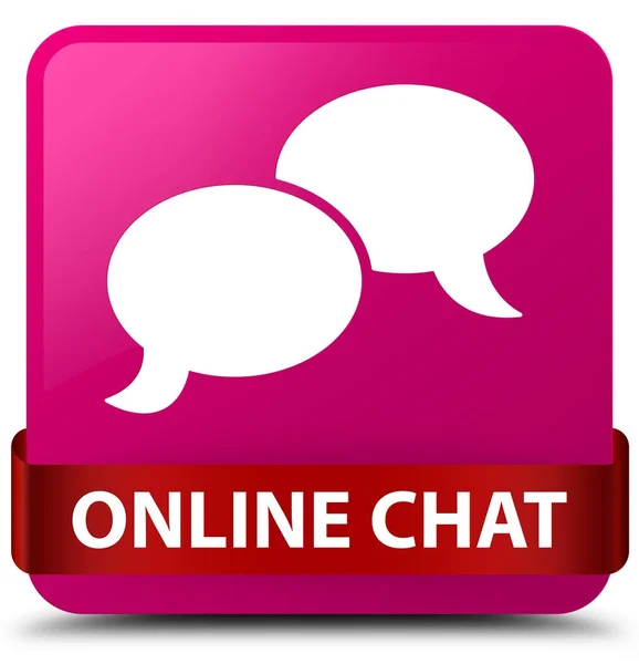 On-line chat růžové čtvercové tlačítko červenou stuhou uprostřed — Stock fotografie