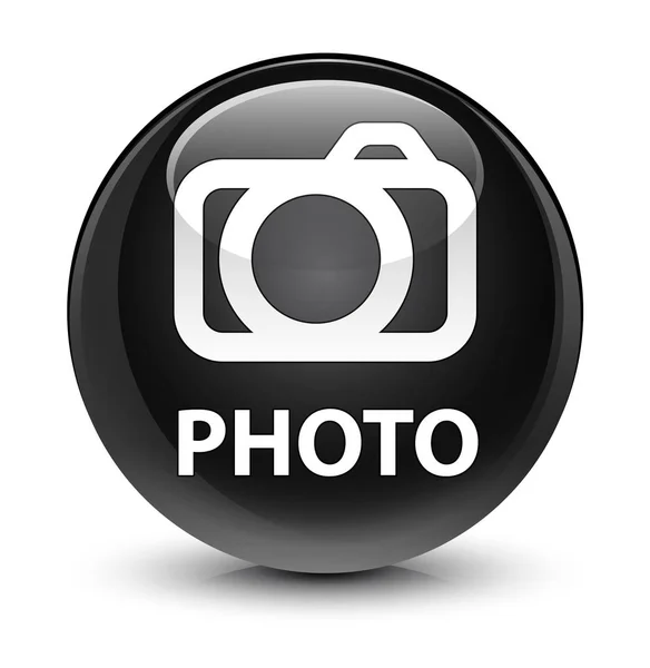 Foto (icono de la cámara) botón redondo negro vidrioso — Foto de Stock