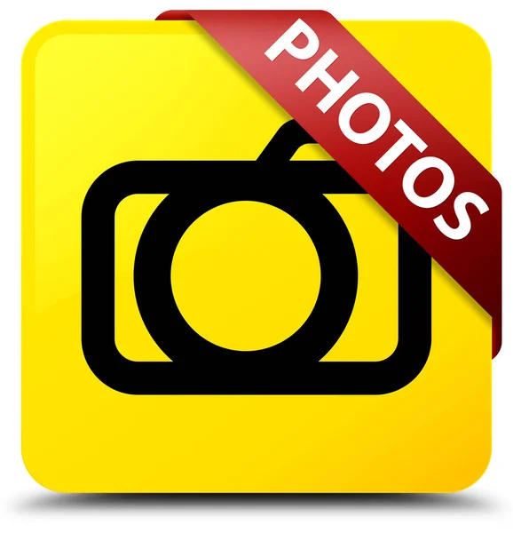 Photos (camera icon) yellow square button red ribbon in corner — Stock Photo, Image