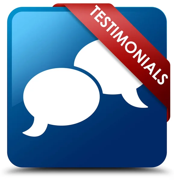 Testimonials (chat icon) blue square button red ribbon in corner — Stock Photo, Image