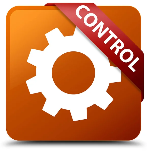 Controle (ícone de configurações) marrom quadrado botão fita vermelha no canto — Fotografia de Stock