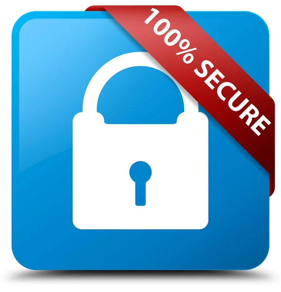 100% secure cyan blue square button red ribbon in corner — Stock Photo, Image