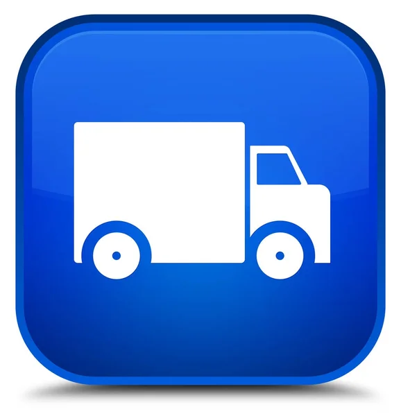 Піктограма вантажівки доставки спеціальна синя квадратна кнопка — стокове фото