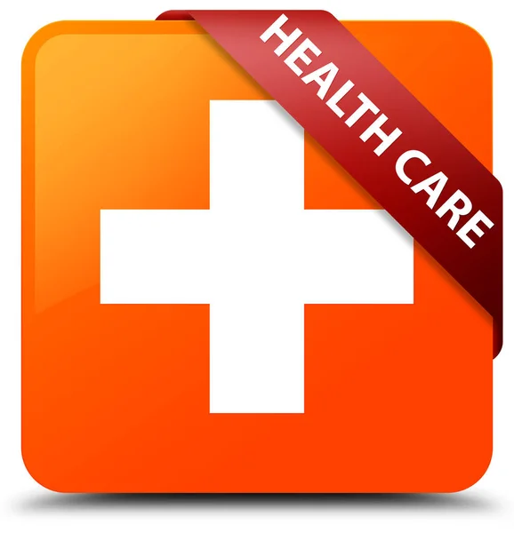 Health care (plus sign) orange square button red ribbon in corne
