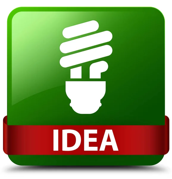 Idea (ikonu žárovky) zelené čtvercové tlačítko červenou stuhou uprostřed — Stock fotografie