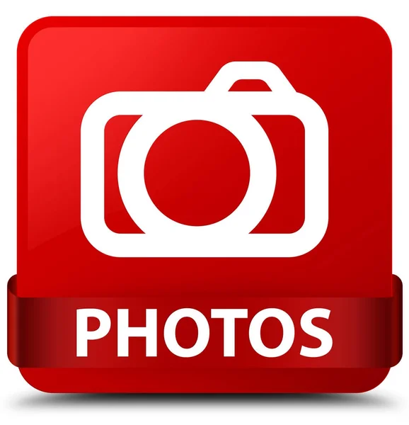 Fotografie (ikona fotoaparátu) Rudé náměstí tlačítko červenou stuhou uprostřed — Stock fotografie