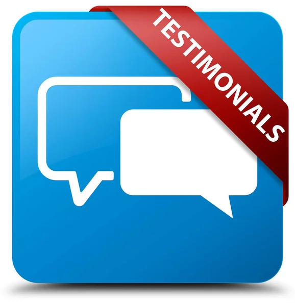 Testimonials cyan blue square button red ribbon in corner — Stock Photo, Image