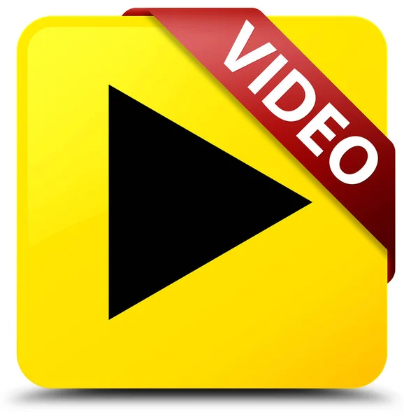 Wideo żółty przycisk kwadratowy czerwoną wstążką w rogu — Zdjęcie stockowe