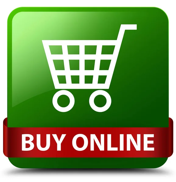 Kaufen online kaufen grüner quadratischer Knopf rotes Band in der Mitte — Stockfoto