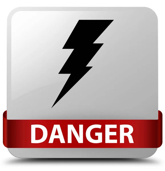 Danger (electricity icon) white square button red ribbon in midd — Stock Photo, Image