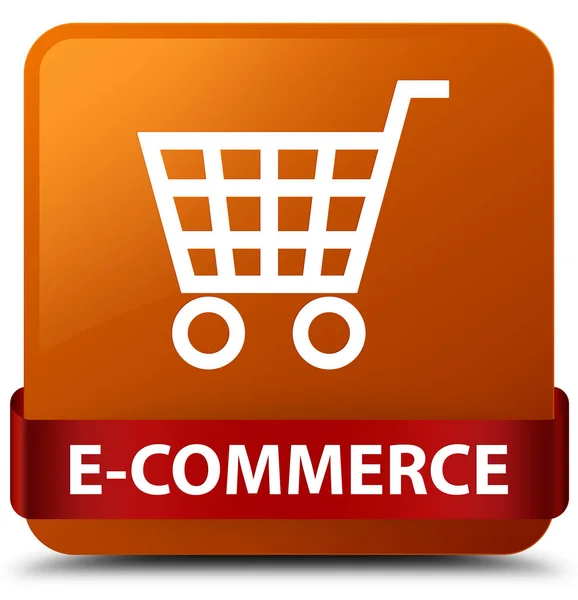 E-commerce brązowy kwadratowy przycisk czerwoną wstążką w środku — Zdjęcie stockowe