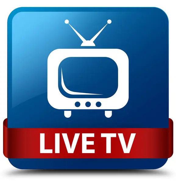 TV en vivo azul botón cuadrado rojo cinta en el centro —  Fotos de Stock