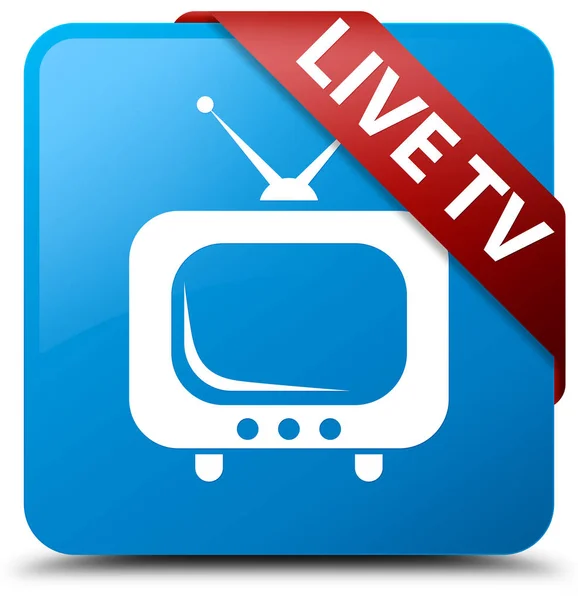 Live tv cyan blue square button red ribbon in corner — Stock Photo, Image