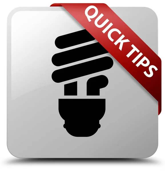 Quick tips (bulb icon) white square button red ribbon in corner — Stock Photo, Image