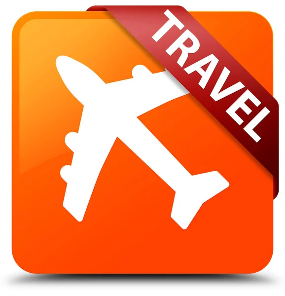 Viaje (icono de avión) botón cuadrado naranja cinta roja en la esquina — Foto de Stock