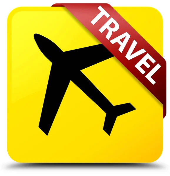 Voyage (icône de l'avion) jaune bouton carré ruban rouge dans le coin — Photo