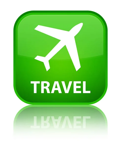 Специальная зеленая квадратная кнопка путешествия (значок самолета) — стоковое фото