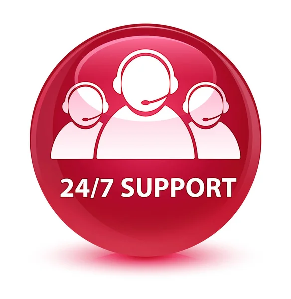 24 / 7 Support (Kundenbetreuungsteam-Symbol) glasig rosa runder Knopf — Stockfoto