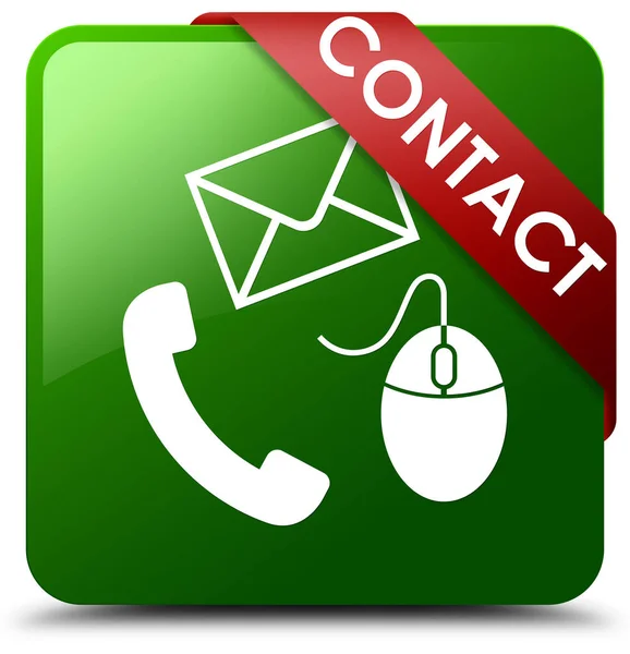 Contact (phone email and mouse icon) green square button red rib — Stock Photo, Image