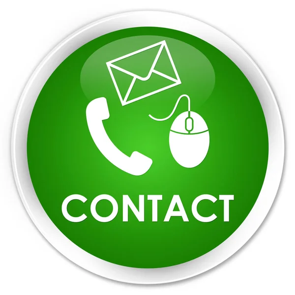 Kontakt (e-mail a myši ikonu telefonu) zelené premium kulaté tlačítko — Stock fotografie