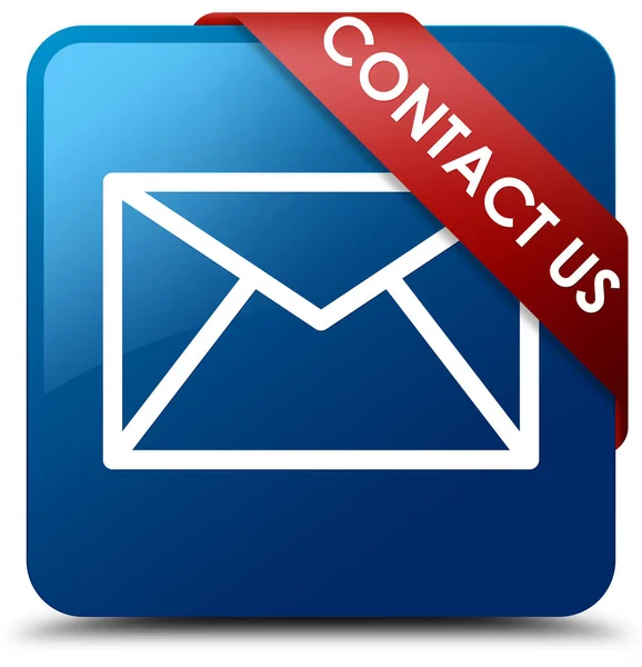 Contact us (email icon) blue square button red ribbon in corner — Stock Photo, Image