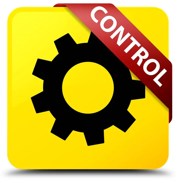 Controle (ícone de configurações) amarelo quadrado botão fita vermelha em corne — Fotografia de Stock