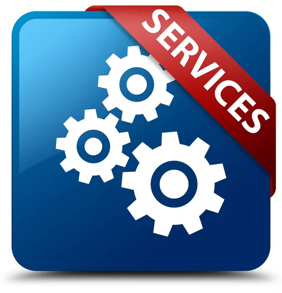 Services (gears icon) blue square button red ribbon in corner — Stock Photo, Image