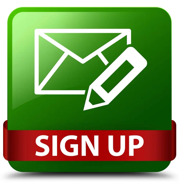 Inscrivez-vous (modifier l'icône de messagerie) vert bouton carré ruban rouge dans middl — Photo