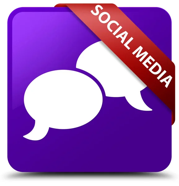 社交媒体 (聊天气泡图标) 紫色方形按钮红丝带 — 图库照片