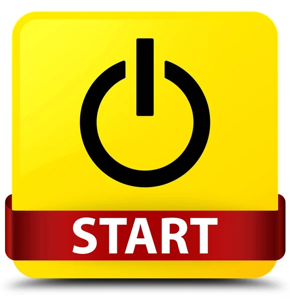 Start (pictogram voor energiebeheer) gele vierkante knop rood lint in Midden — Stockfoto