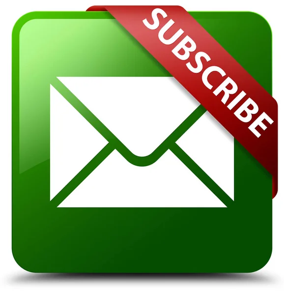 (E-posta simgesi) yeşil kare düğme kırmızı kurdele köşesinde abone — Stok fotoğraf
