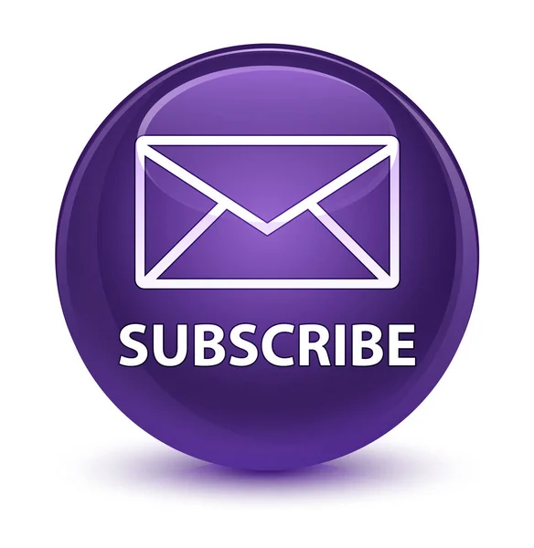 Підписатися (іконка електронної пошти) скляно-фіолетова кругла кнопка — стокове фото