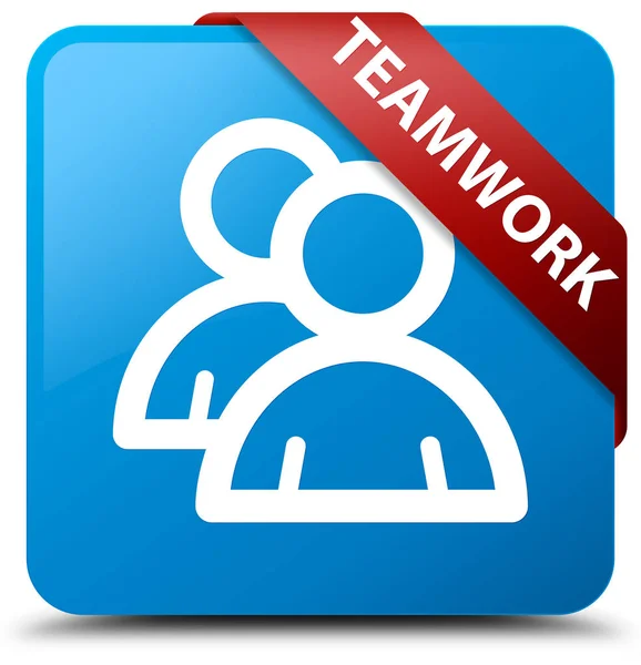 Teamwork (group icon) cyan blue square button red ribbon in corn — Stock Photo, Image