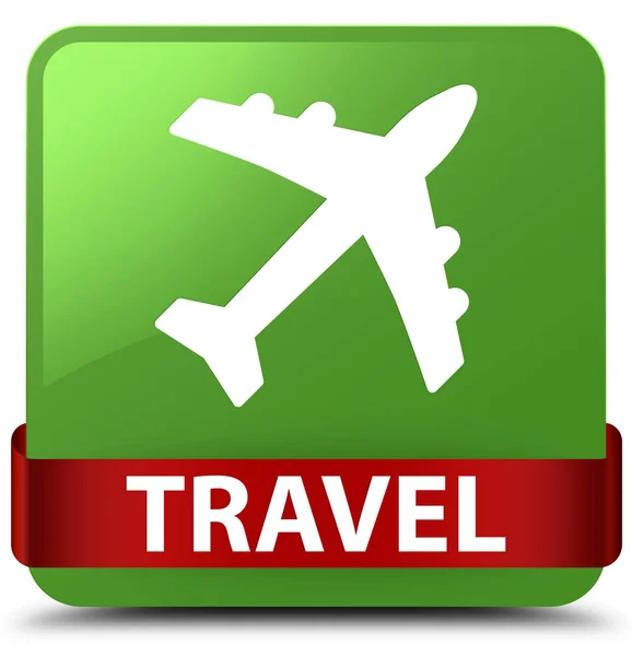 Viaje (icono de avión) botón cuadrado verde suave cinta roja en middl — Foto de Stock